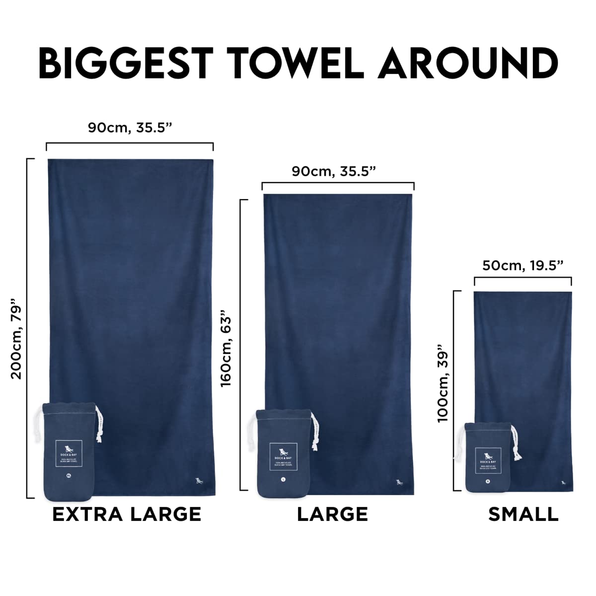 Dock & Bay Beach Towel - Quick Dry  Sand Free - compact  Lightweight - 100% Recycled - Includes Bag - Essential - Deep Sea Navy - Large (160x90cm  63x35)
