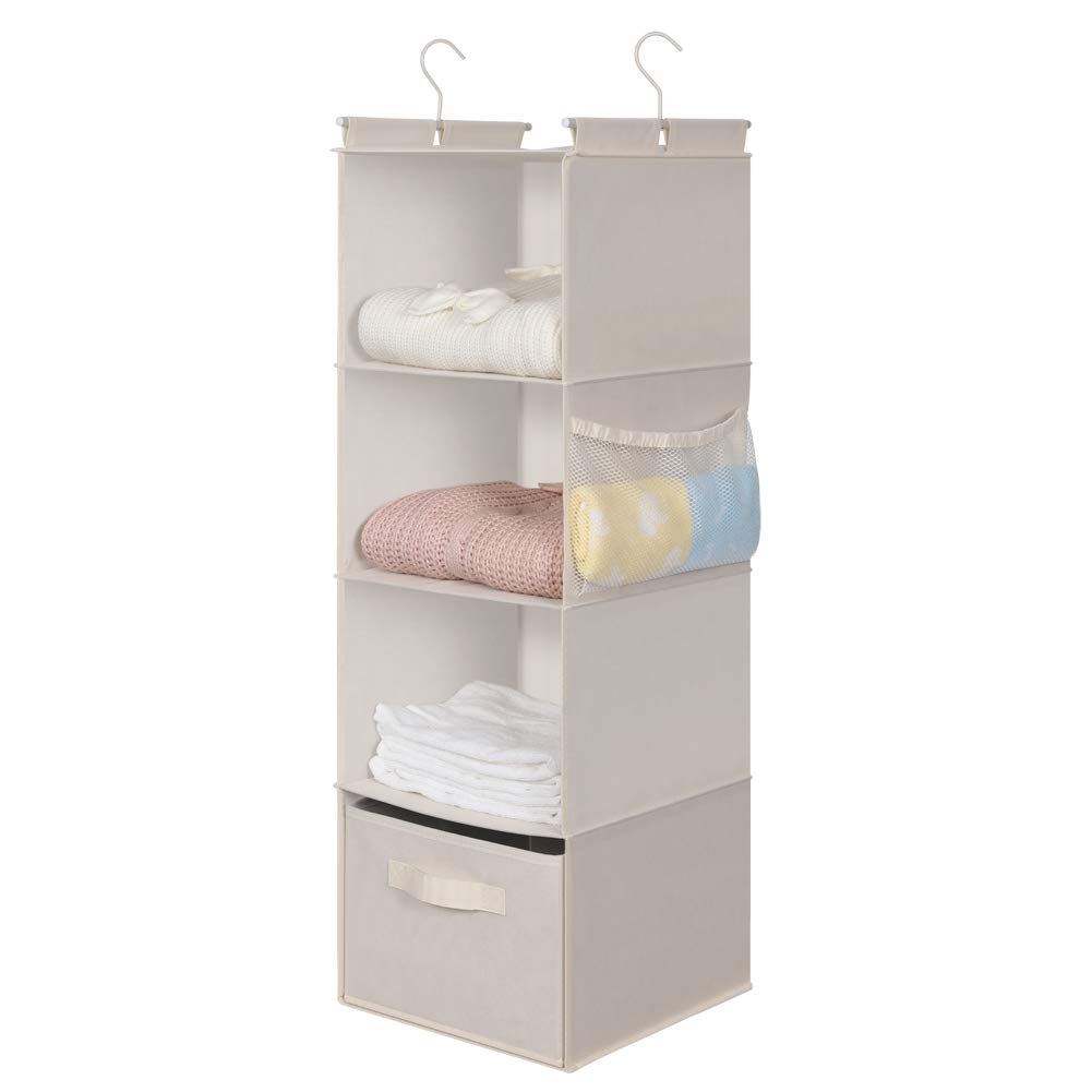 Max Houser 4-Shelf Hanging Closet Organizer, Space Saver, Cloth Hanging Shelves With 2 Side Pockets, Foldable (Beige)
