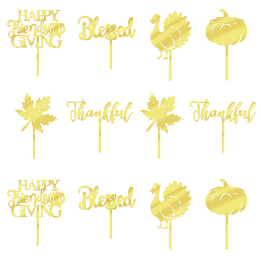 YUINYO Mirror acrylic Thanksgiving Cupcake Toppers, 12 Pcs Fall Themed Cupcake Toppers Turkey Maple Leaf Pumpkin Cake Picks for 