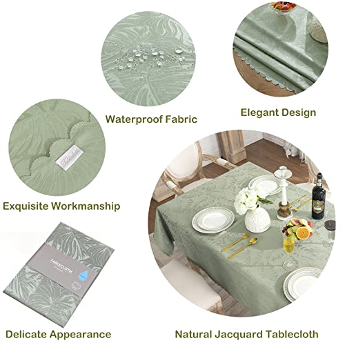 Efficinature Rectangle Tablecloths 60X84 Inch Waterproof Washable Sage Green Oblong Table Clothes For 6 Foot Tables Leaves Patte
