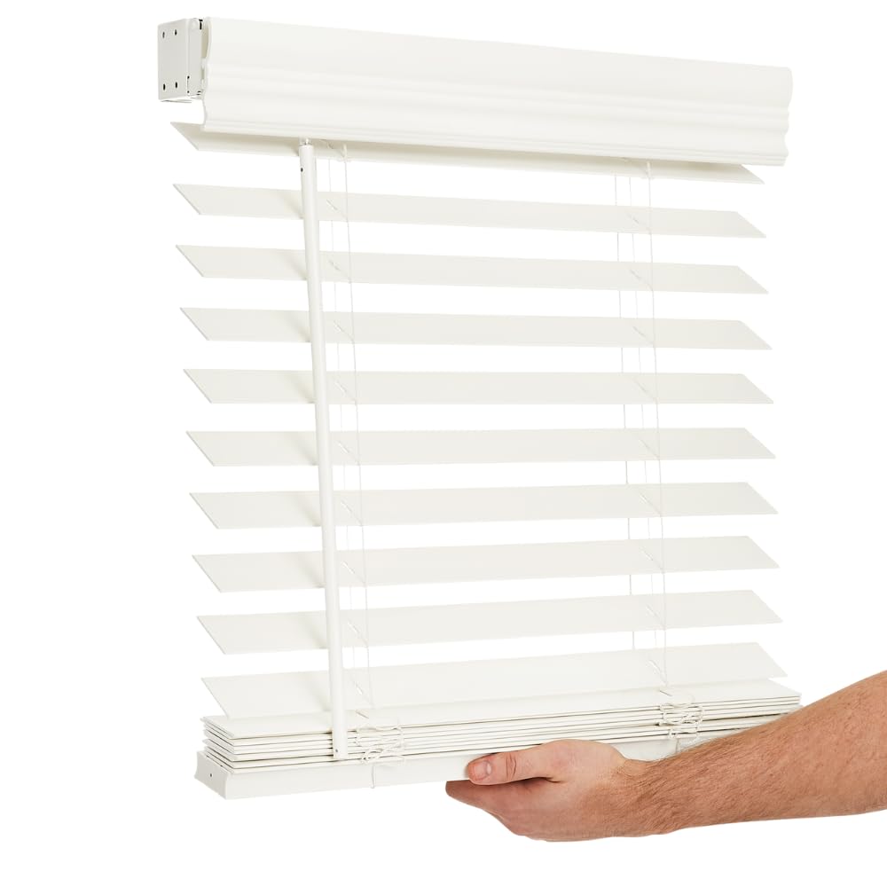 LOTUS & WINDOWARE Cordless 2-inchFaux Wood Blind 58 Wide x 48 Long,(Soft White-Antique White),Smooth, Room Darkening, Horizontal
