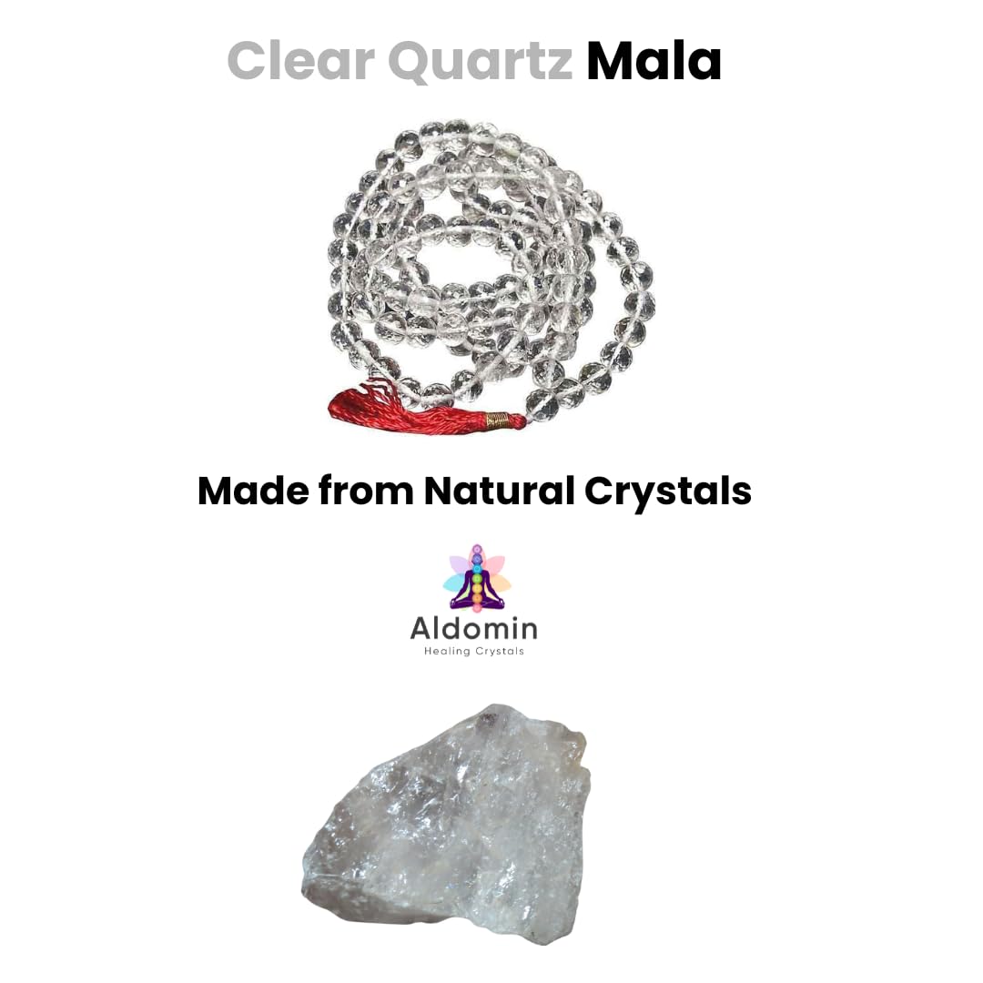 aldomin Natural Energize Clear Quartz (Sphatik) 108 Bead Healing Crystal Rosary,Necklace, Mala (Bead Size 6 MM)