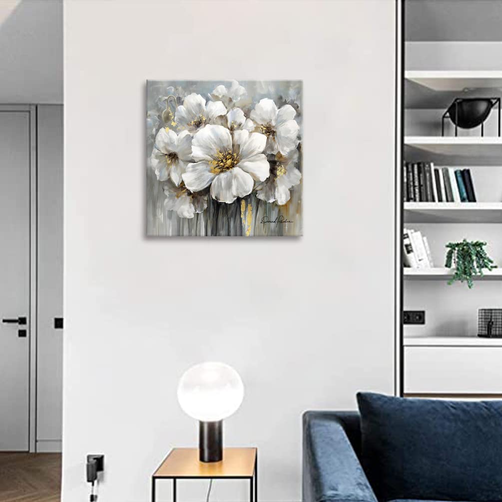 Flower Picture Decor Wall Art Abstract White And Grey Blooming Floral With Gold For Bedroom Living Room Walls Decoration Canvas