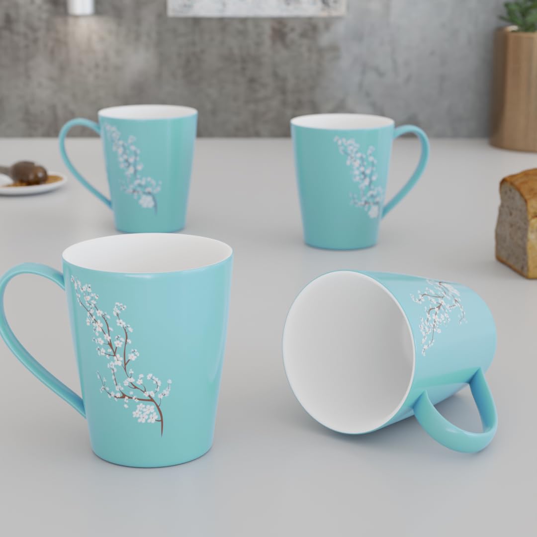 The Earth Store Blossom Blue Coffee Mug  330ML Ceramic Coffee Mugs Set of 4 | Microwave & Dishwasher Safe Coffee Cups & Mugs fo