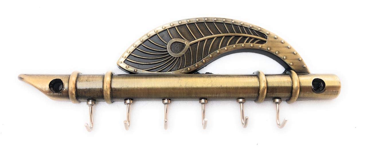 Collectible India Metal Krishnas Flute and Peacock Quills Wall Stand Key Chain Holder with Six Hooks (Golden, 18cm x 6cm)