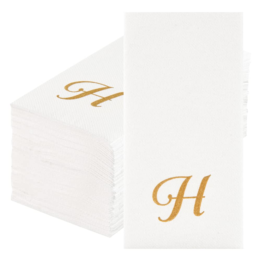 Luxenap 15.8 X 7.9 Inch Linen-Feel Guest Towels, 50 Lettered Hand Towels - Gold Letter 'H', Cursive Font, White Paper Dinner Nap