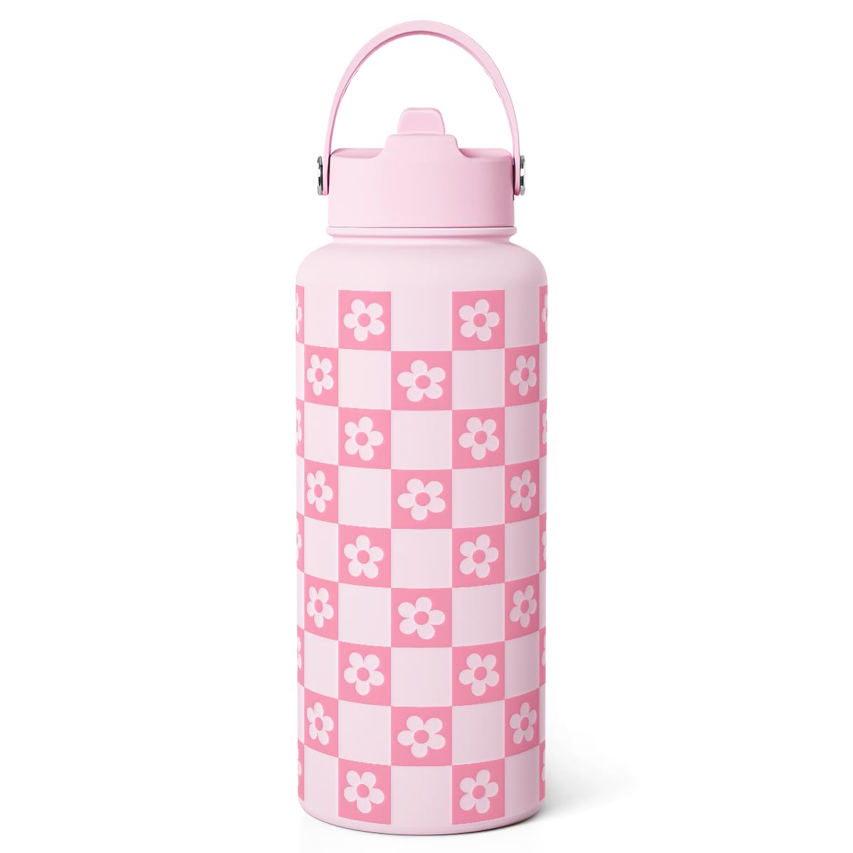 Checker Daisy Water Bottle 32oz Stainless Steel with Lid & Straw, Checkerboard Insulated Bottles Gifts for Women Girls Friends, 