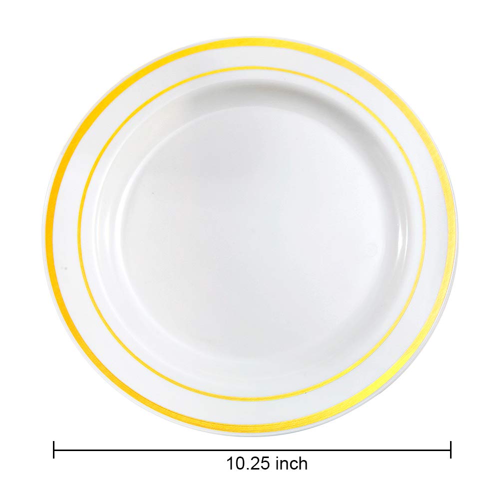 Bucla 100Pieces Gold Plastic Dinner Plates - 10.25Inch Gold Plates Disposable For Party - White And Gold Plastic Plates - Ideal