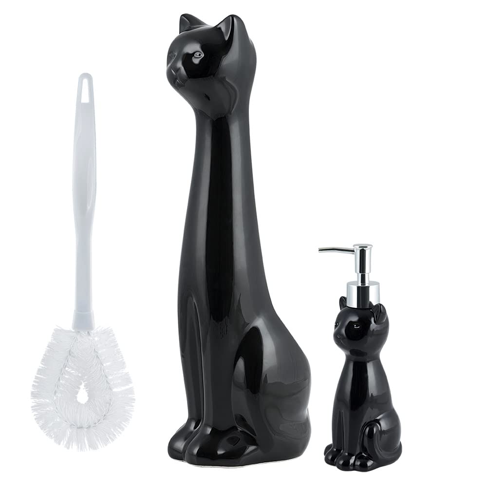 Allure Home Creation Cat 3-Piece Black Ceramic Toilet Brush Holder With White Plastic Brush And Soap Dispenser Set-Black