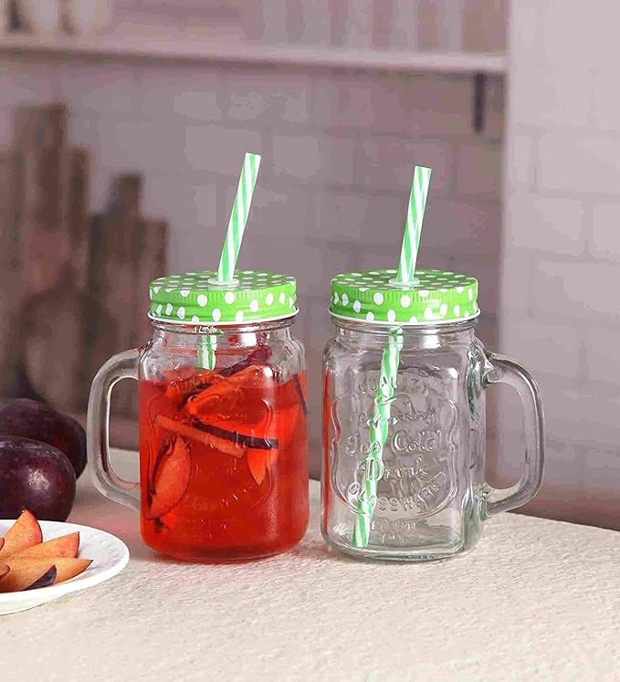 Kri N Sha Random Color Lid Mason Jar With Reusable Straw Embossed Design On Jar 400Ml Pack Of (2)