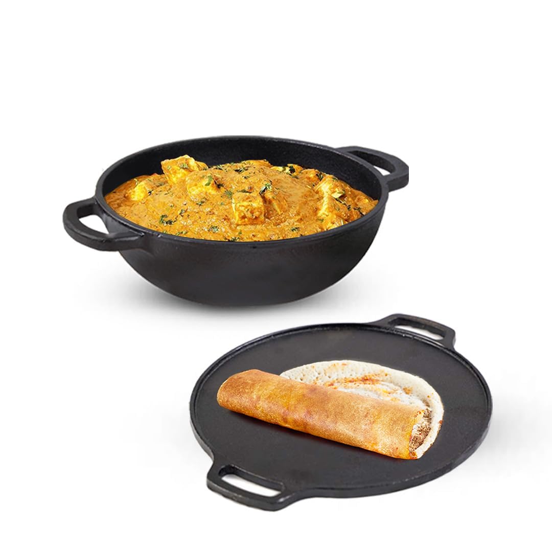 The Indus Valley Pre-Seasoned Cast Iron Cookware Set | Tawa (30 Cm) + Kadai (25.4 Cm/2.3L) | Kitchen Cooking Combo Pots And Pans