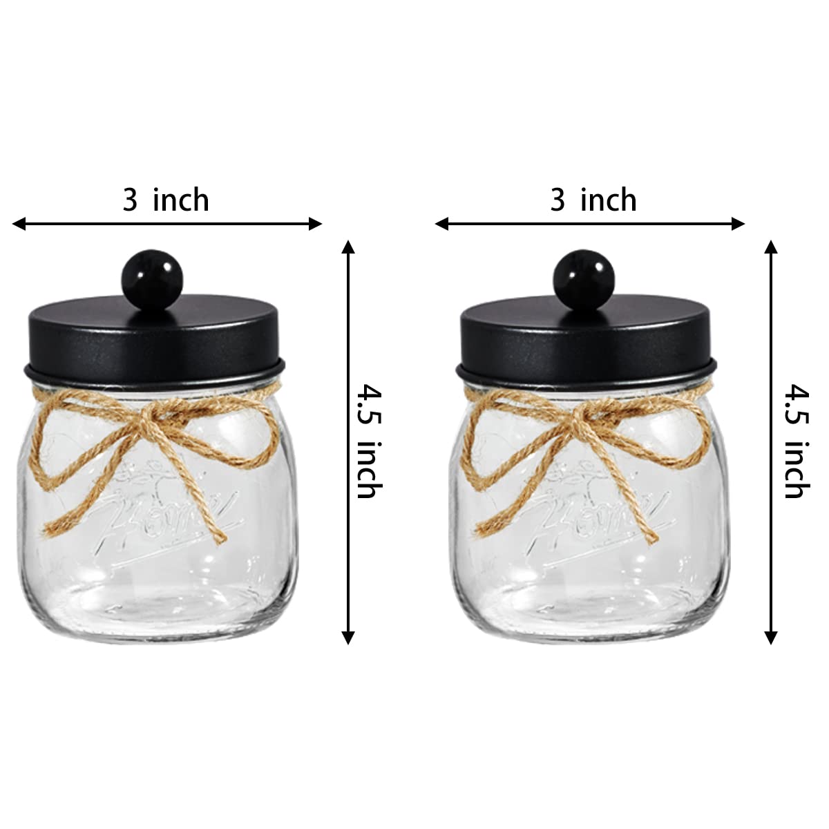 SheeChung Apothecary Jars Set Mason Jar Decor Bathroom Vanity Storage Organizer Canister Premium Glass Qtip Holder Dispenser for Cotton Swabs Ball-Stainless Steel Lid (Black  2-Pack)