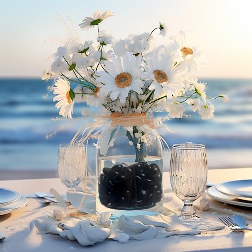 HappyFiller 5 LB Black Glass Gems Pebble Stones with 2 Pcs Large Printed Flat Marbles for Vase Filler Decor,Table Scatter,Fire P