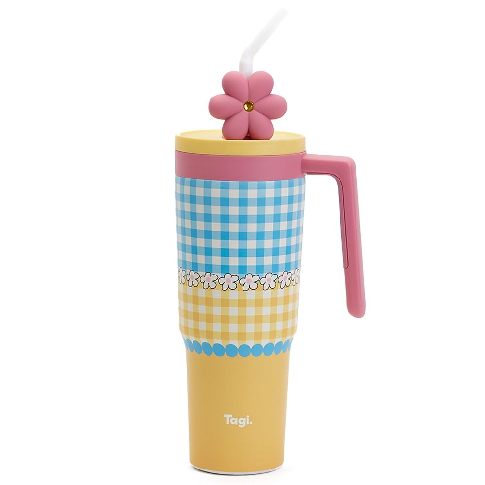 Tagi. PutPut Flower Insulated Tumbler 40oz, 316L Stainless Steel Cup with Handle, Straw and Leakproof Lid, Car Cup Holder Compa