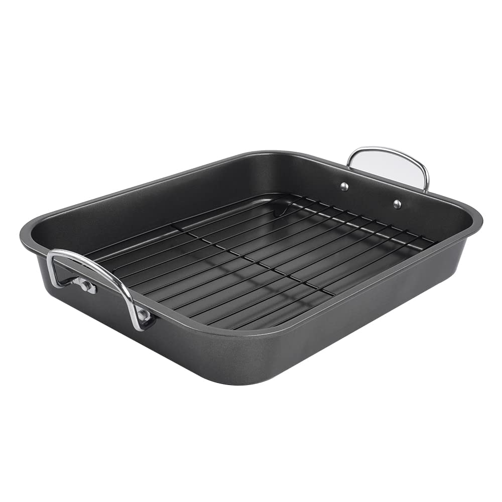 Kitcom Nonstick Roasting Pan, Roaster With Rack - 16 Inch Rectangular Grill Suitable For Turkey, Roast Chicken, Ham, Dishwasher