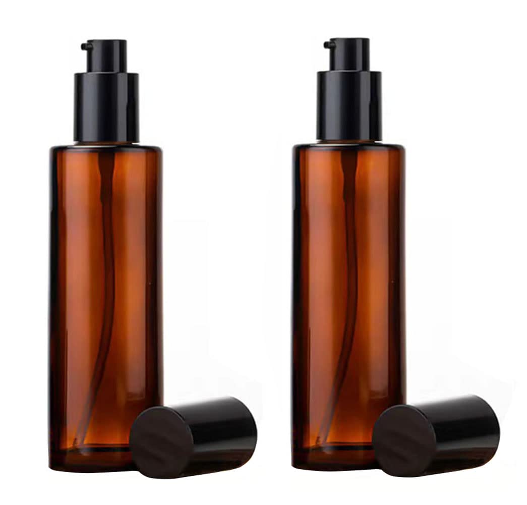 2 Pcs 120Ml 4Oz Amber Glass Travel Bottles Leakproof Pump Bottles Lotion Dispenser Bottle Jar Soap Dispenser Cosmetics Container