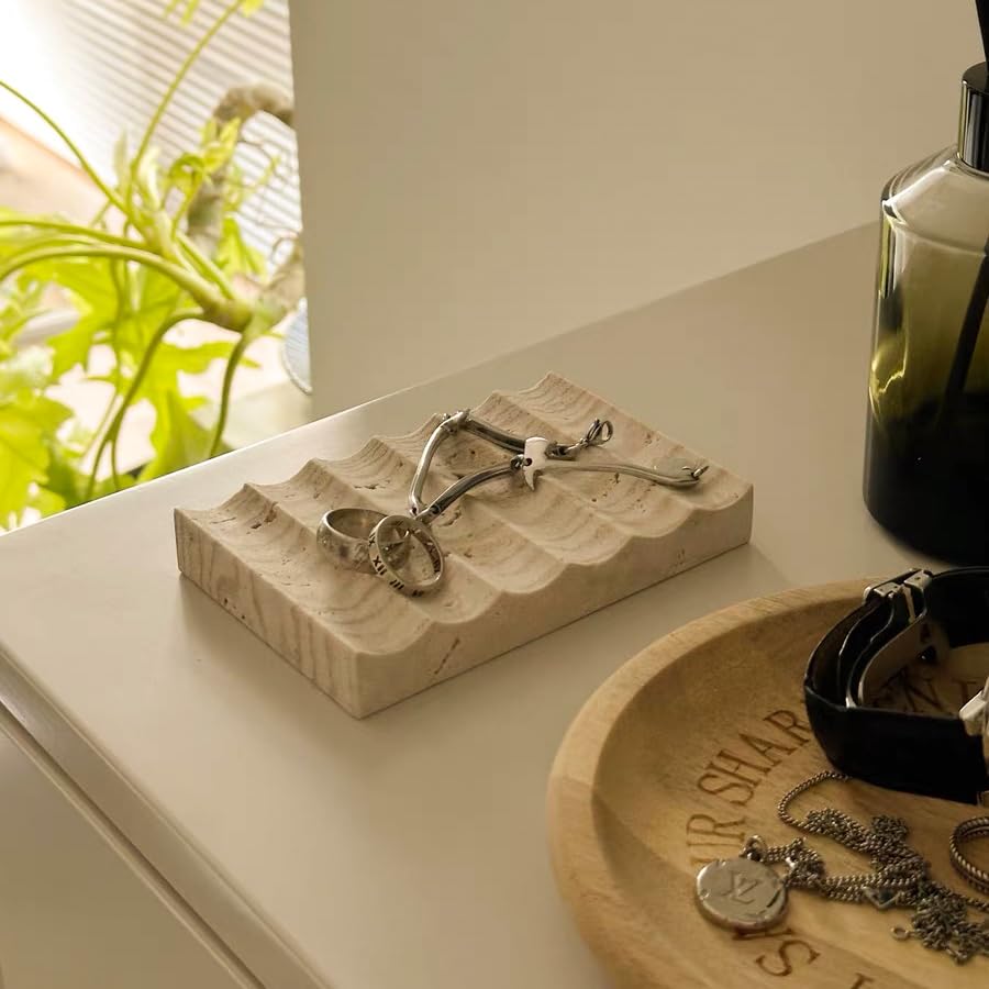 Phinilux Luxury Travertine Soap Dish Marble Jewelry Ring Tray - Rectangle Marble Soap Tray & - Self Draining Soap Holder For Bat