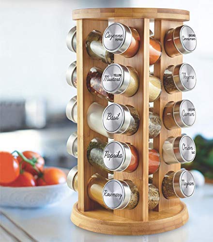 Orii 20 Jar Bamboo Spice Rack with Spices Included - Rotating Tower Organizer for Kitchen Spices and Seasonings, Free Spice Refi