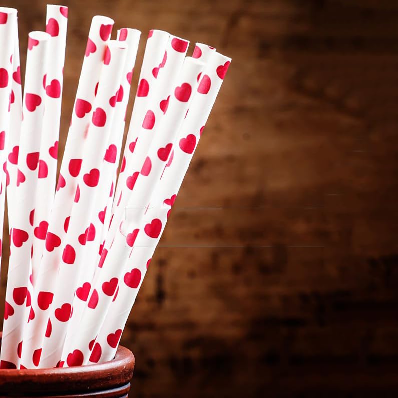Biodegradable Red Hearts Paper Straws - Love Valentines Day Cake Pop Sticks For Weddings, Birthdays, Anniversaries, Holiday Cele