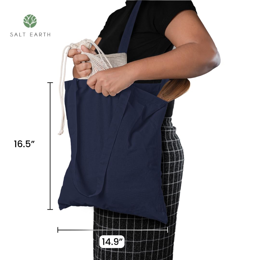 Salt Earth Pack of 5 | 6 | 12 | 24 | 48 - 100% Cotton Reusable Tote Bags - Bulk Grocery, Shopping, DIY, Beach & Gift Use (Navy)