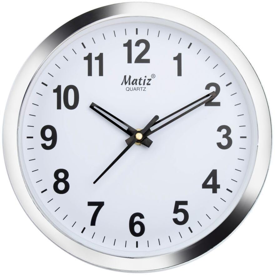 Matiz 101 Round Wall Clock Silver Color Plastic Case White Dial Analog For Living Room Home Decorations Office (Size: 20 X 20 Cm
