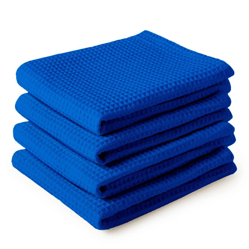 Encasa Xo Kitchen Dish Towels Set | Blue | Waffle Weave And Flat Hand Tea Towel | 28''X18'' | Quick Drying Reusable Cotton Washc