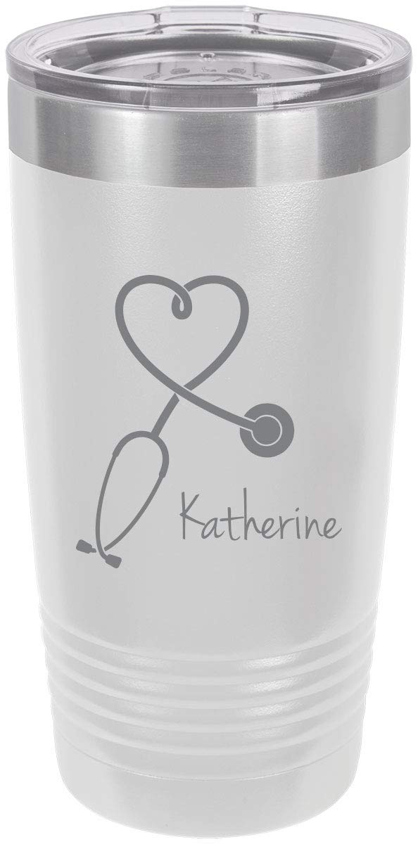 Stethoscope Nurse Personalized Add Your Custom Text Insulated Tumbler 20 Oz Travel Coffee Mug Customizable (White)