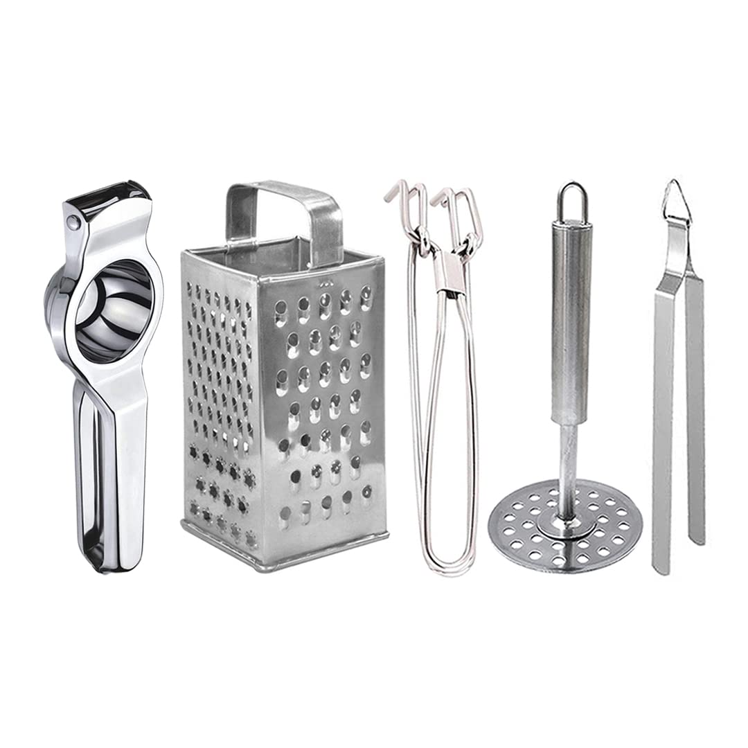 Oc9 Stainless Steel Lemon Squeezer/Hand Juicer & 8 In 1 Grater/Slicer & Pakkad/Utility Tong & Potato Masher & Roti Chimta For Ki