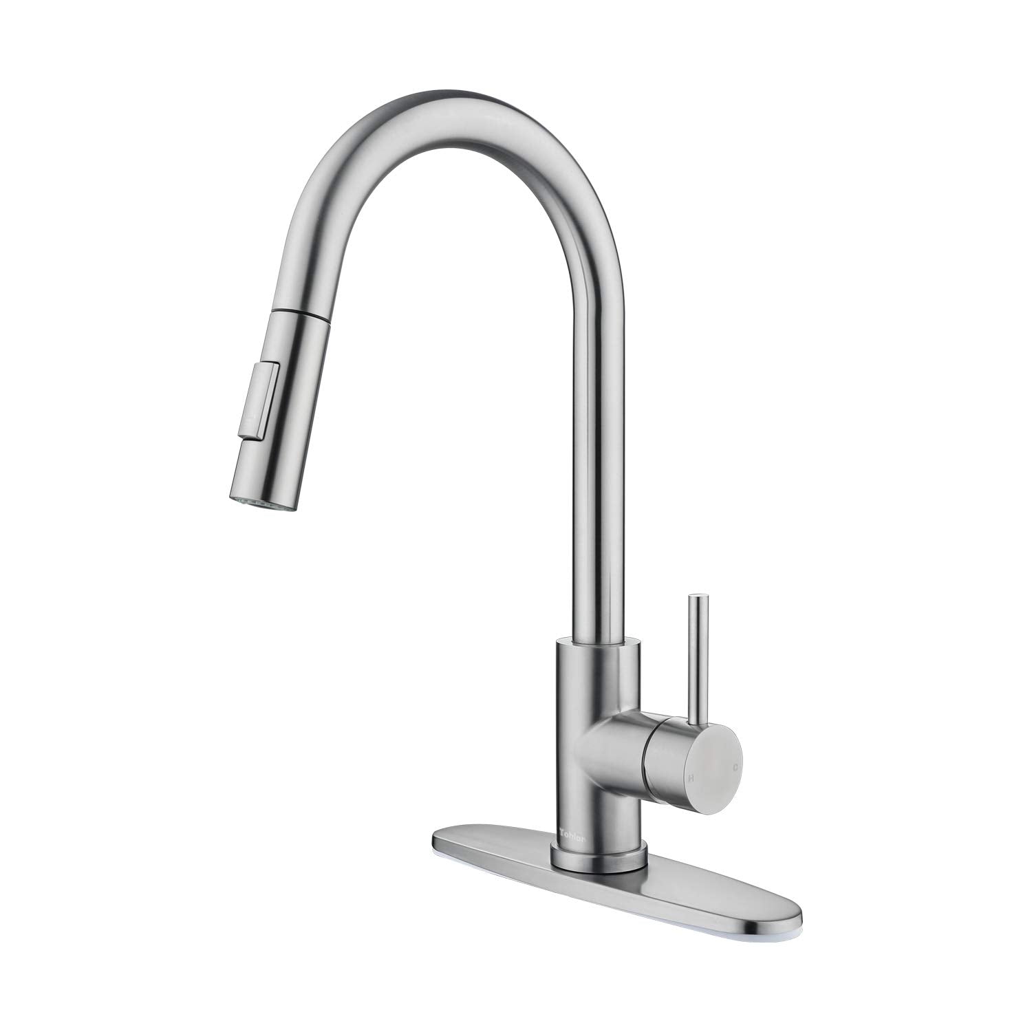 Tohlar Kitchen Sink Faucets With Pull-Down Sprayer, Modern Stainless Steel Single Handle Pull Down Sprayer Faucet With Deck Plat