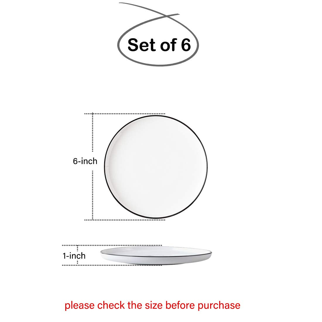 Bonnoces 6-Inch Small Porcelain Appetizer Plates, White With Black Edges Dinner Side Dishes Serving Plate, Dessert, Salad, Snack
