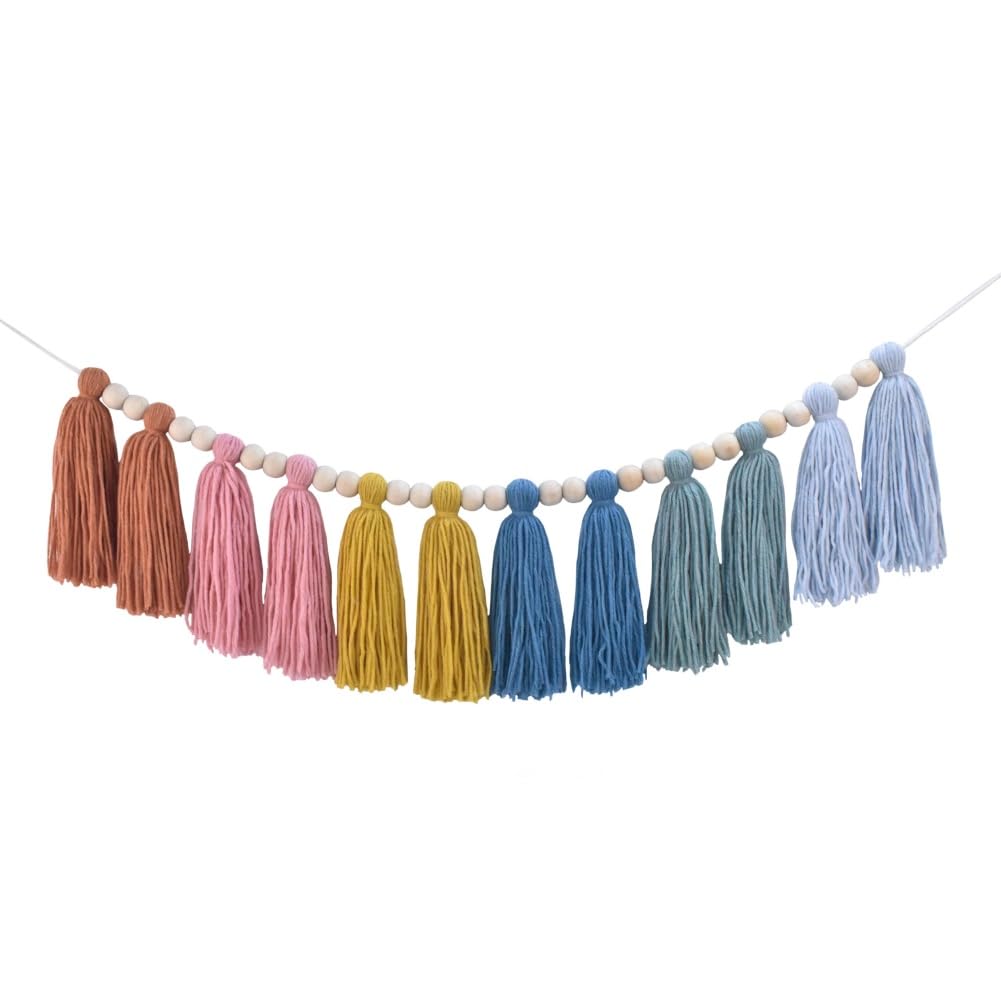 DrCor Boho Earthy Rainbow Tassel Garland - Neutral Yarn Wall Hanging for Calm Classroom, Montessori Nursery, Kids Bedroom, Baby 
