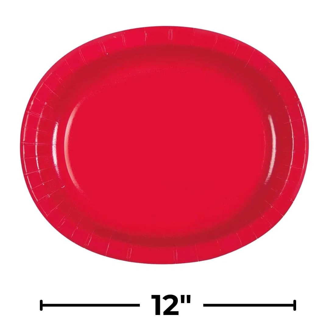 Unique Party Ruby Red Oval Plates - Pack of 8 - 12" Durable Tableware for Holidays and Events