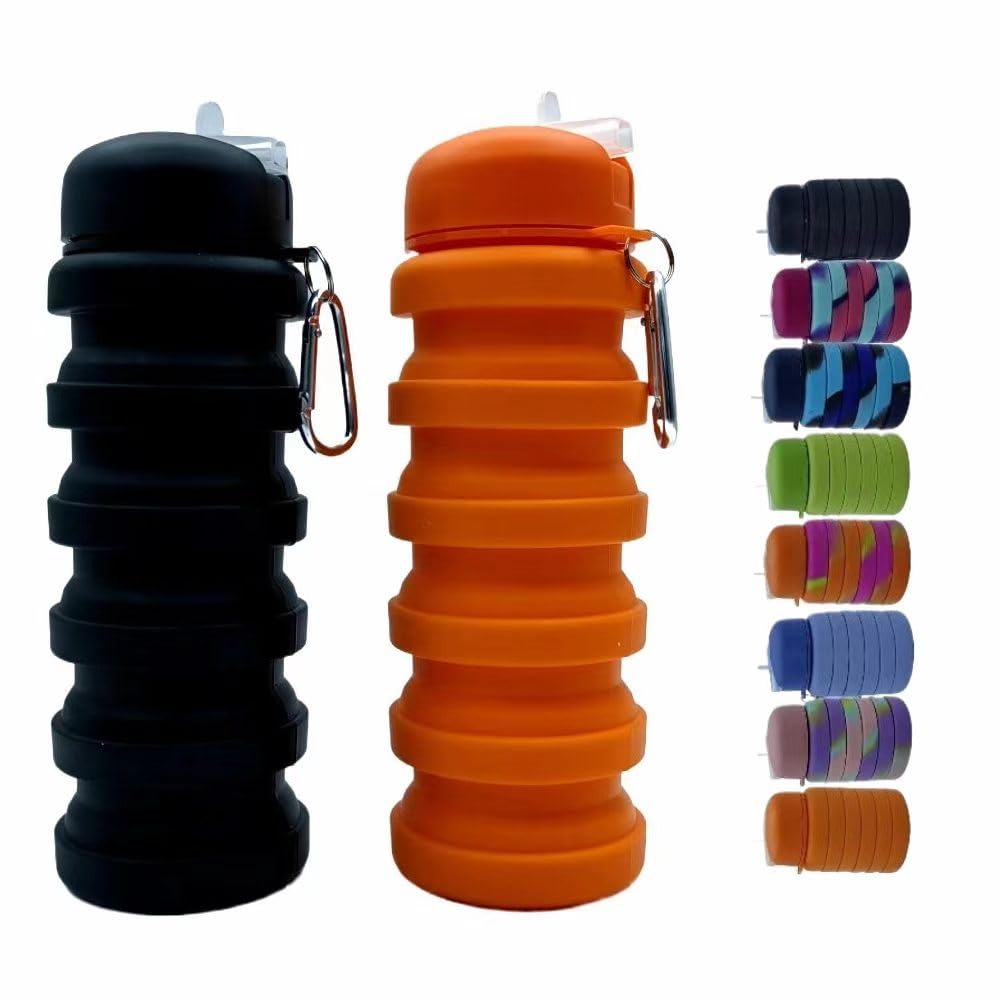 Dontinhu Collapsible Water Bottles 2 Pack 16oz(about 500ml), Travel Portable Sport Water Bottle, Silicone Foldable Water Bottles