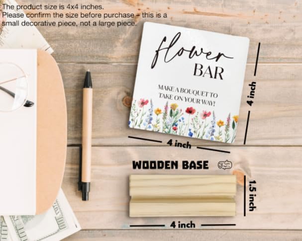 ANlANG Flower Bar Sign 4X4 inch, Flower Bar Desk Decor, Bridal Shower Sign Wood Plaque, Wedding flowers, WeddingAccessories for