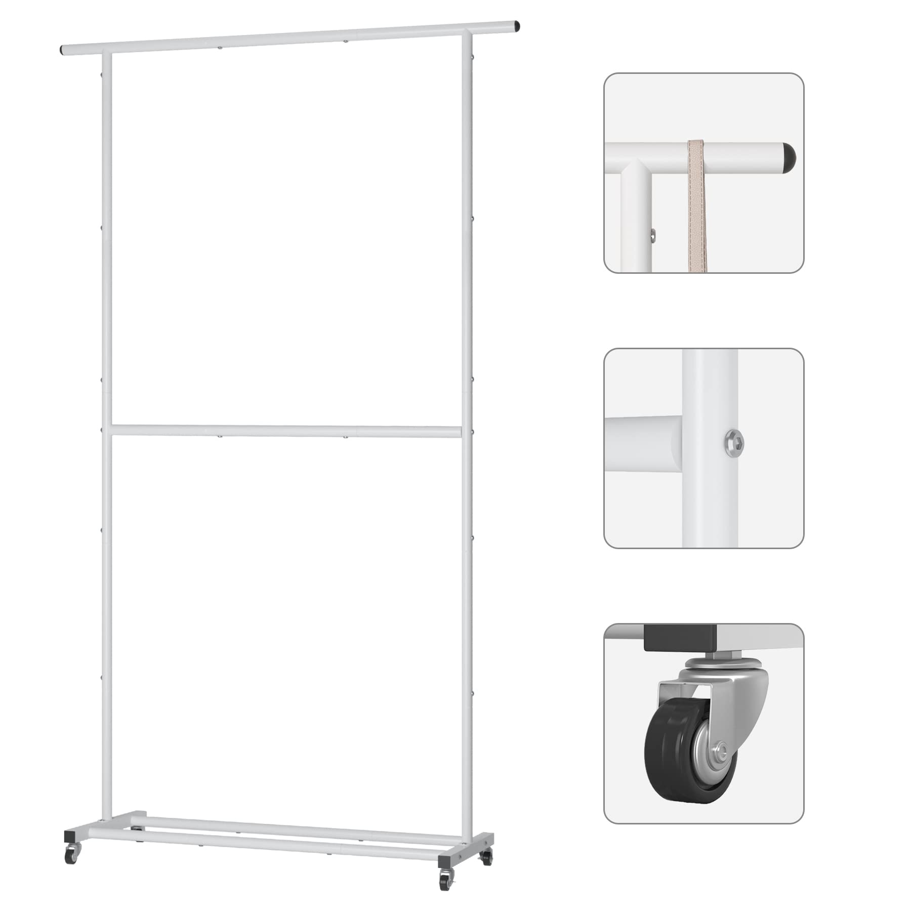 Sywhitta Double Rod Garment Rack - Rolling Clothes Organizer, Adjustable, White, Model 2-JHLYJ