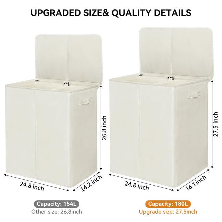 Wowlive 180L Double Laundry Hamper With Lid And Removable Laundry Bags, Large Dirty Clothes Hamper 2 Section Collapsible Laundry