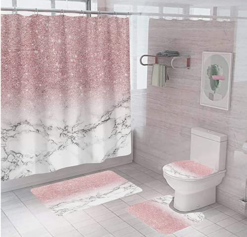 Hedybard 4 Pcs Pink Bathroom Shower Curtain Set With Waterproof Shower Curtain, Non-Slip Soft Flannel Rugs, Toilet Lid Cover, Ba
