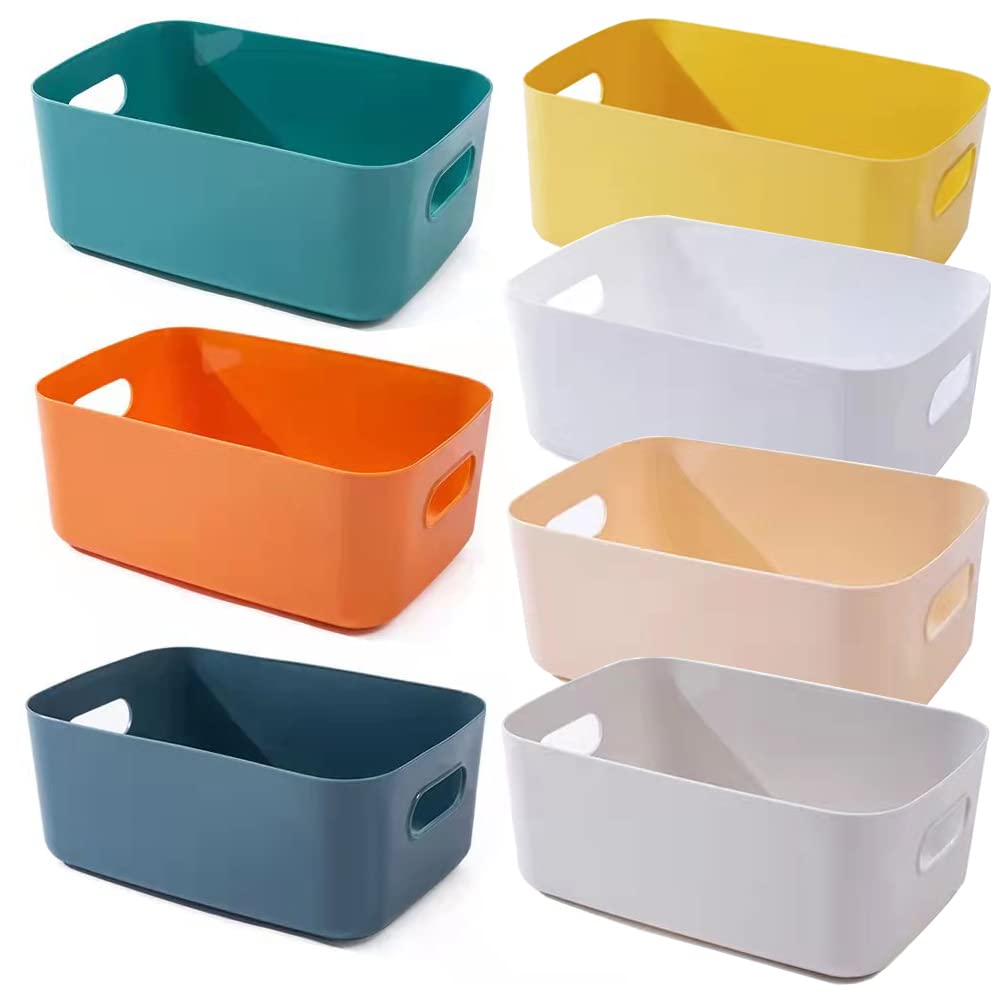 Rchleakry Small Plastic Baskets, Multiple Colour Pantry Organizer Bins Cupboard Box With Handle, Plastic Storage Baskets For Bed