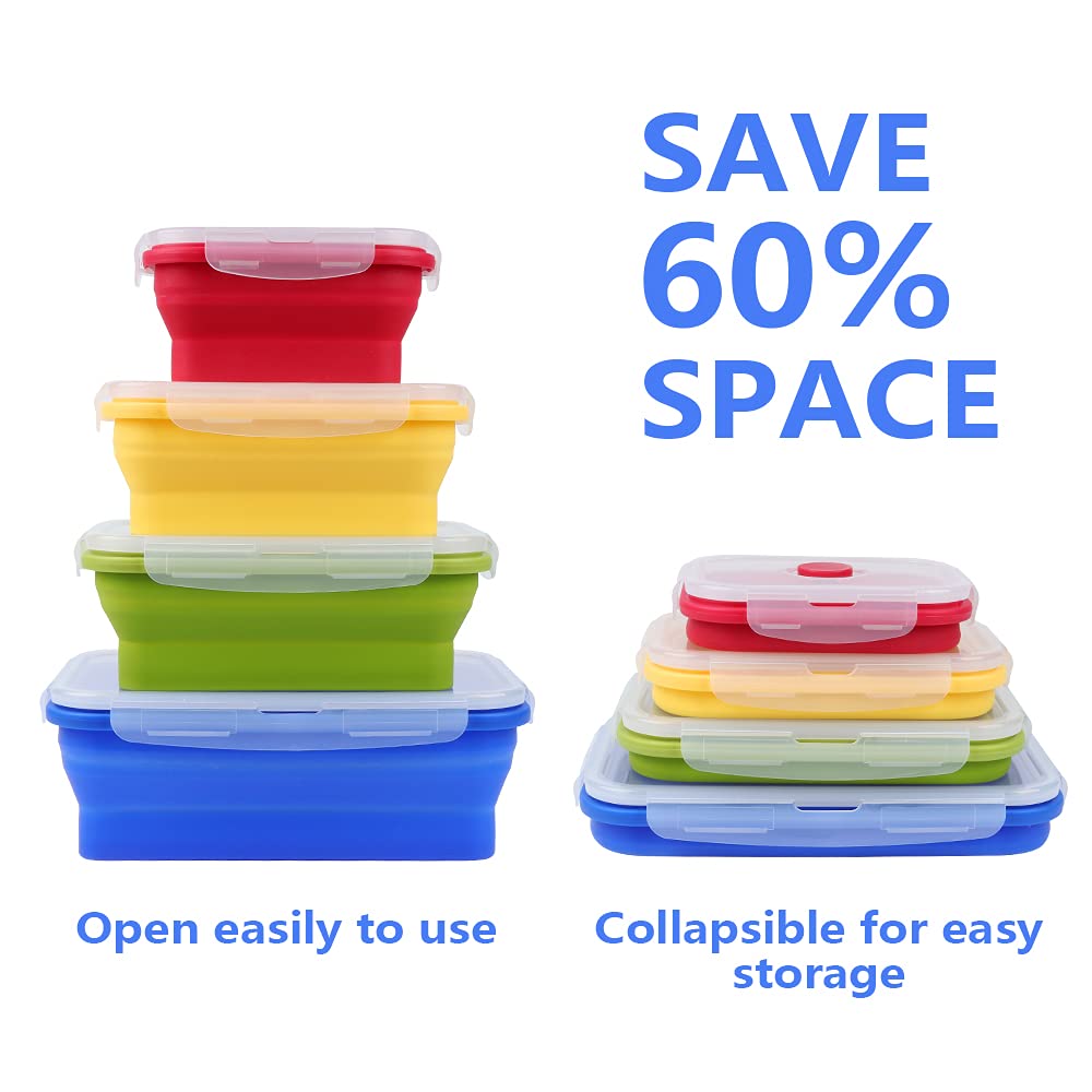 Vigind Set Of 4 Collapsible Foldable Silicone Food Storage Container, Leftover Meal Box With Airtight Plastic Lids For Kitchen,