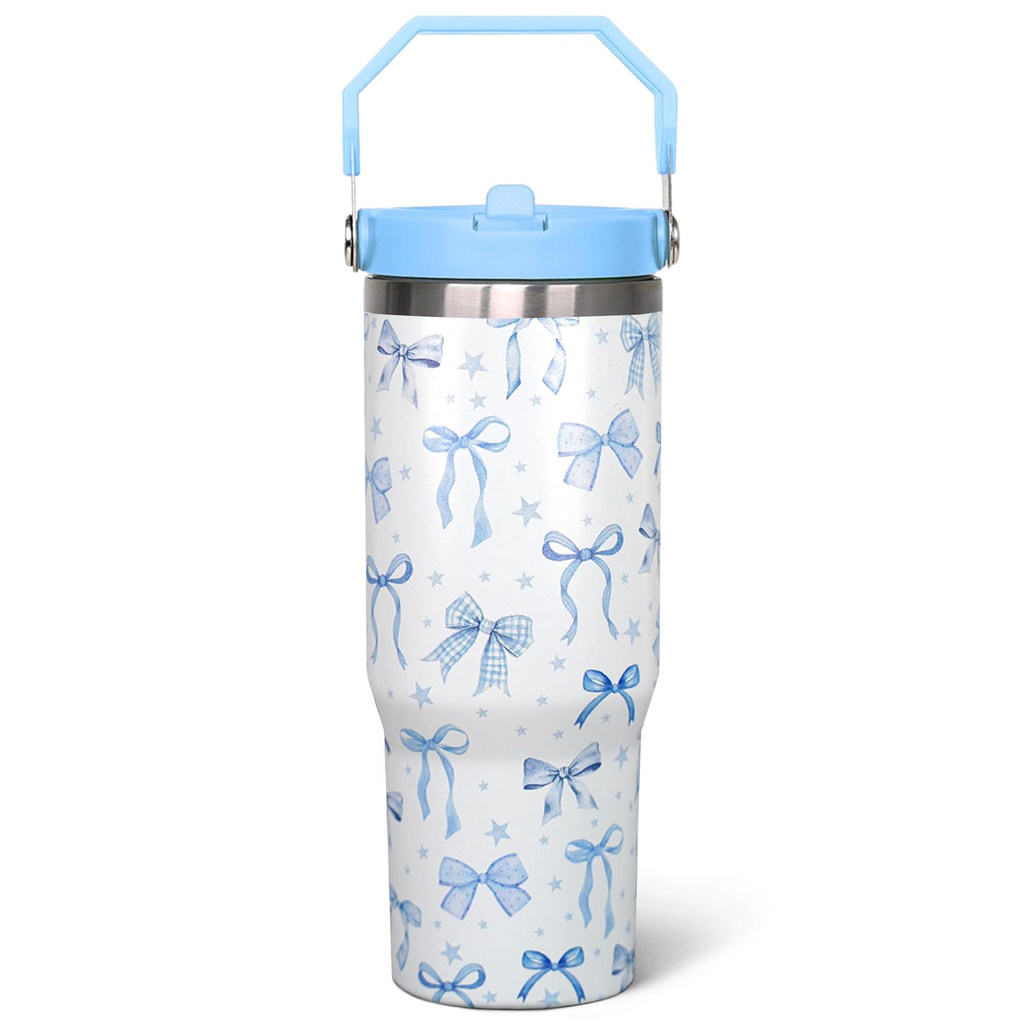 qwpmvhsak 30 Oz Blue Bow Flip Tumbler With Lid and Straw, Coffee Travel Mug, Blue Bow Gifts for Women Girls, Bow Home Decor