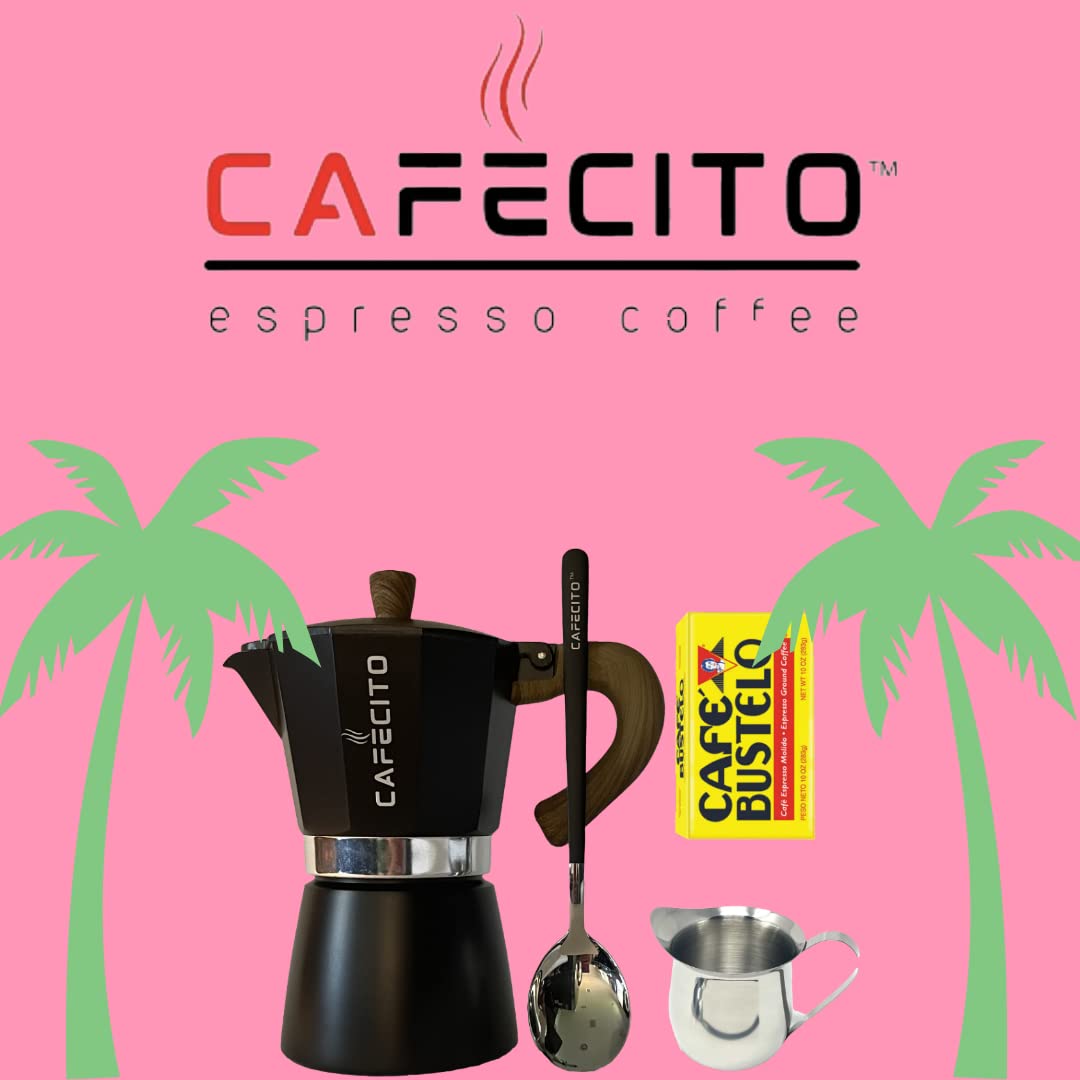 Cuban Coffee Starter Kit | Cafecito 6 Cups Moka Pot Set | Cafetera Cubana Stovetop Espresso Maker Set | Anti-Splash Valve Includ