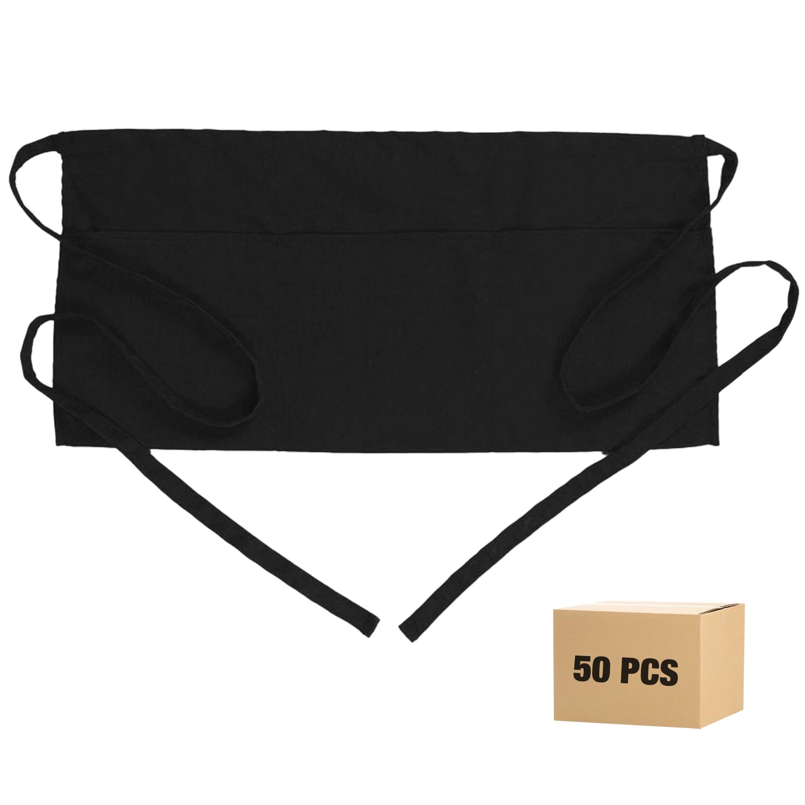 BOHARERS 50 Pack Waist Apron with 3 Pockets - Black Waitress Server Short Apron