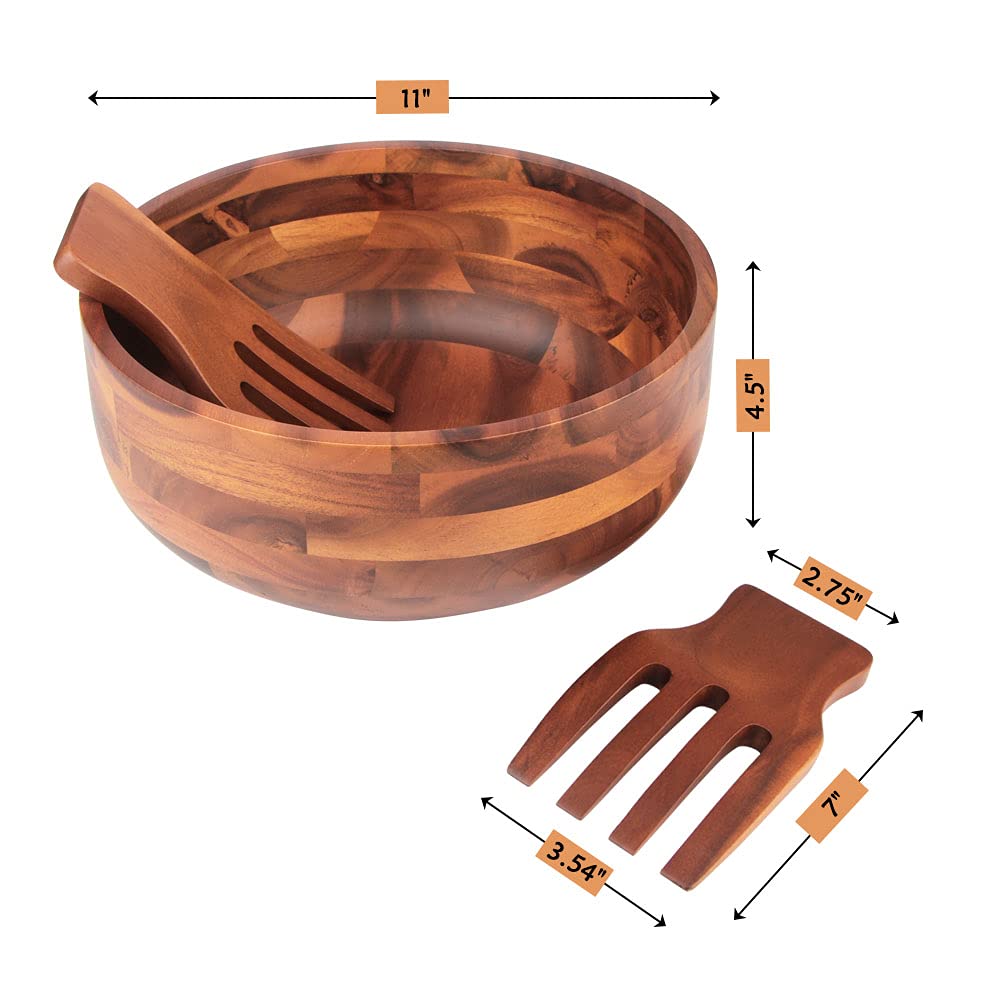 Aidea Acacia Wood Salad Bowl Set With 2 Wooden Hands, Large Salad Bowl With Serving Utensils, Big Mixing Bowl For Fruits, Salad,