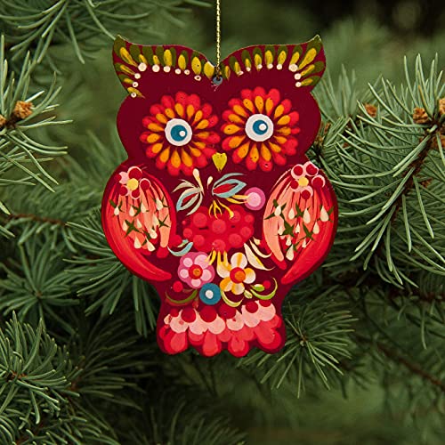 Folk Art Christmas Tree Ornament Owl Wooden Hand Painted Both Sides 2,6 ? 3,7 ? 0,2 Inch Beautiful Handmade Owls Christmas Decor