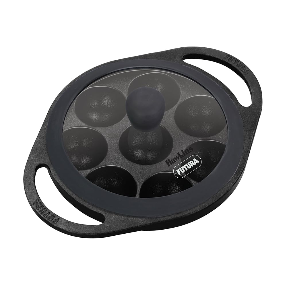Hawkins Futura 16 Cm Cast Iron Appe Pan, Non Stick Paniyaram Pan With Glass Lid, 8 Cups Paniyarakkal Pan, Litti Pan, Kuzhi Paniy