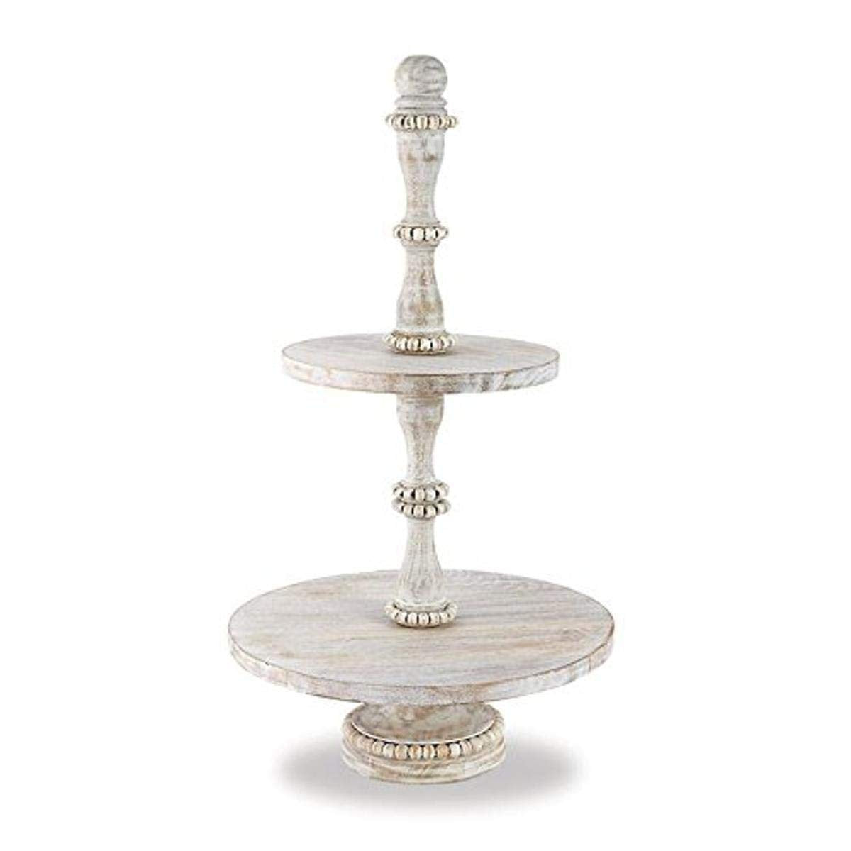Mud Pie Cottage Collection Beaded Wood Tiered Server Serving Plate 23'' X 13'', White