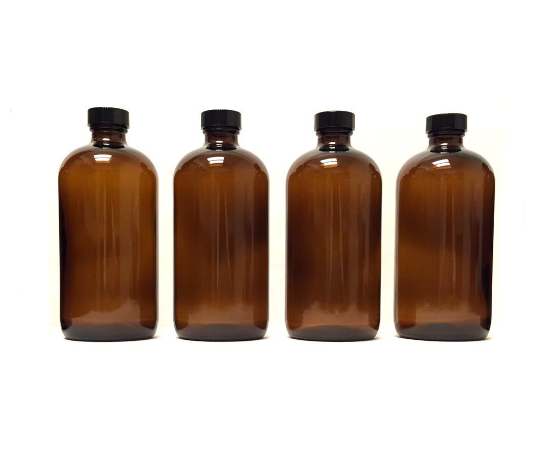 Premium Vials 8 Oz Amber Glass Boston Round Bottles (4 Pack); W/Poly Cone Caps Perfect For Essential Oil Blends