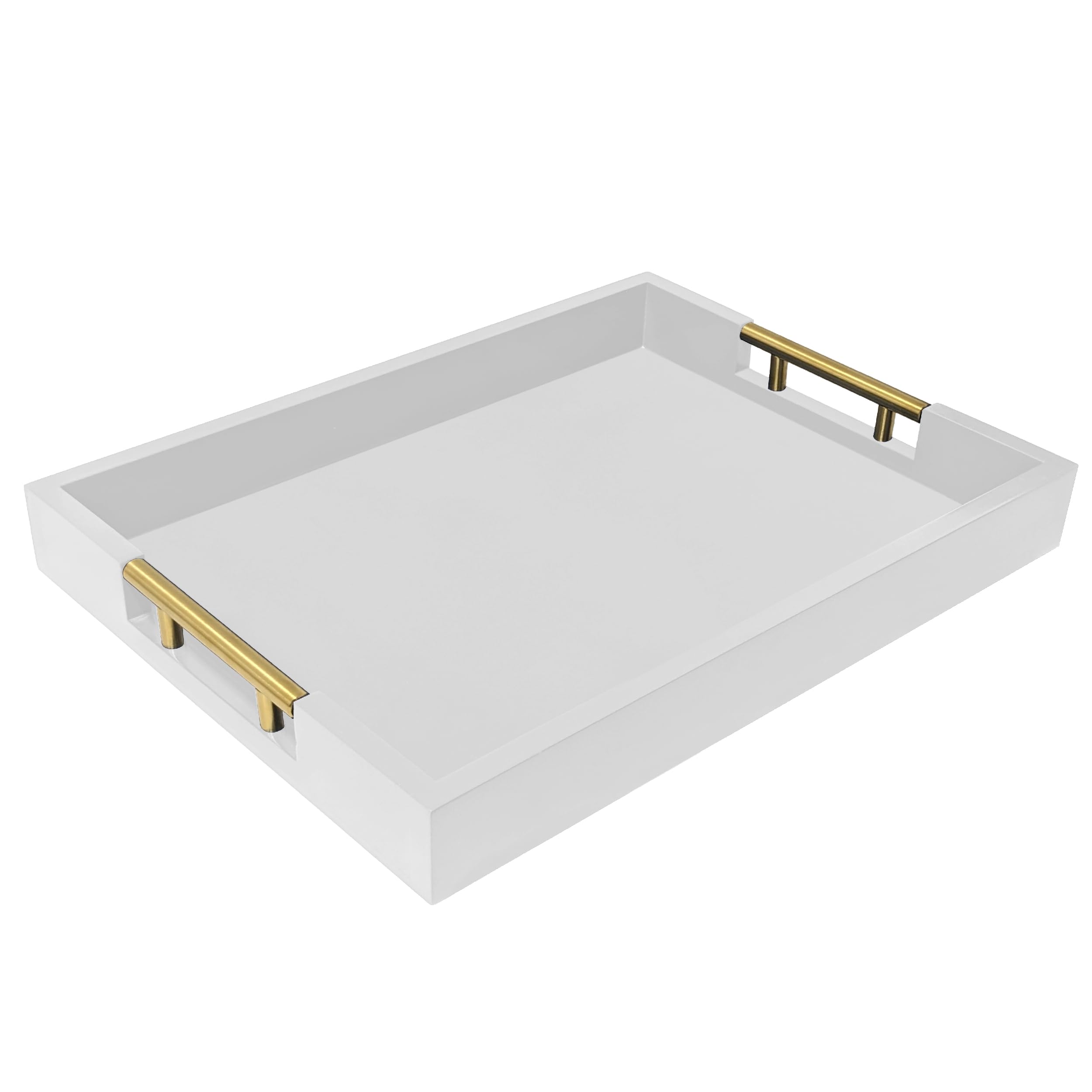 15.75'' X 11.75'' White Serving Tray With Gold Polished Metal Handles, Modern Decorative Ottoman Tray, Tea And Coffee Table Tray