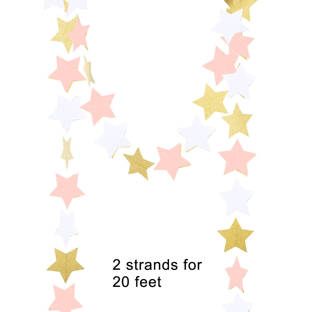 Mowo Paper Garland Twinkle Star Pink Gold Glitter And White 3'' Circle Decoration 2Pc 20 Feet In Total