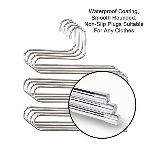 devesanter Pants Hangers Non-Slip S-Shape 4 Pack Trousers Hangers Stainless Steel Clothes Hangers Closet Storage Organizer for Pants Jeans Scarf (4 Pack with 10 Clips)